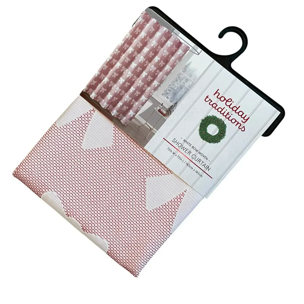 Holiday Traditions WHITE BOW Woven Shower Curtain 72x72 Red & White New